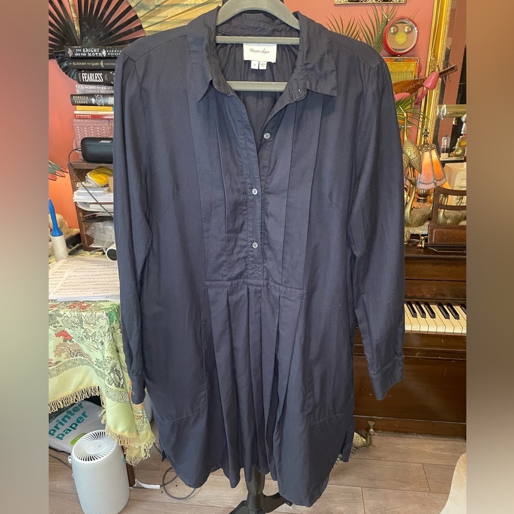 Steven Alan Dark Navy Pleated cotton Mini Shirt Dress Small Retail around $250